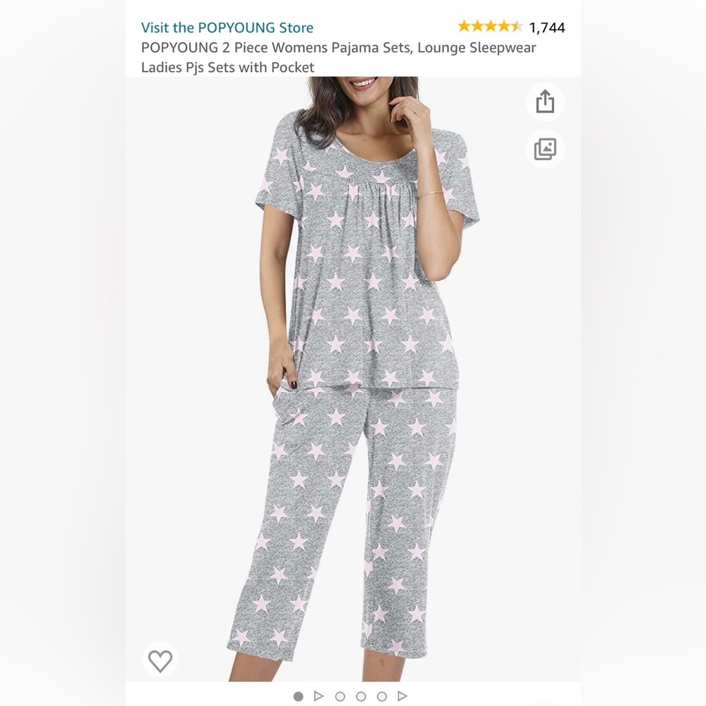 NWOT POPYOUNG Womens Summer Two Piece Pajama set. Gray with pink stars. 2XL